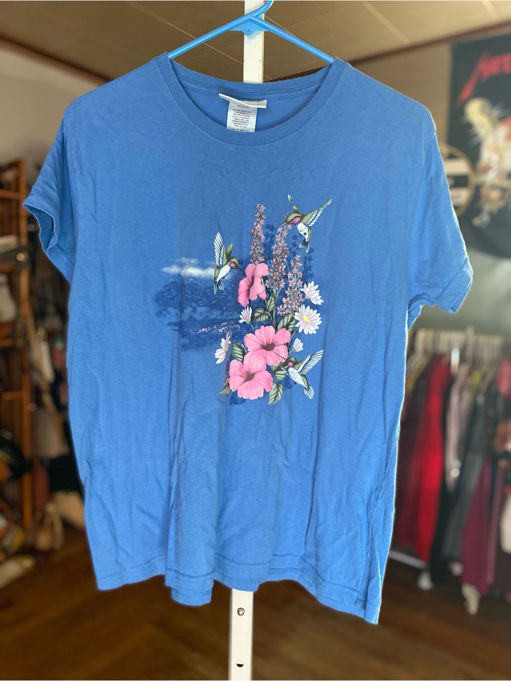 Women's Blue Floral & Hummingbird Short Sleeve Tee